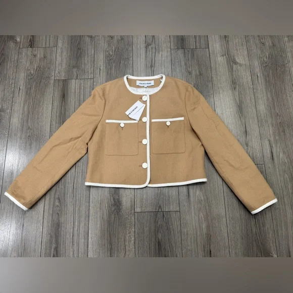 Veronica Beard Beale Contrast Detail Cotton Blend Tweed Jacket in Khaki Size 14 - Picture 4 of 14